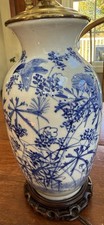 Vtg Chinese Cobalt Blue And White Porcelain Lamp w/ Birds/Flowers picture