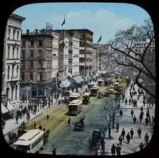 BROADWAY NEW YORK USA C1888 ANTIQUE Magic Lantern Slide HAND TINTED PHOTO picture