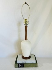 Vintage MCM Ceramic and Wood Lamp Cream Textured Finish picture