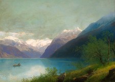 Huge art Oil painting Summer landscape A Lake in the Mountains & canoe canvas picture