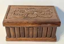 Antique Hand Carved Wood Jewelry Trinket Box w/ Hidden Keyhole Velvet Lining picture