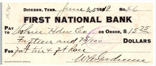 1918 Signed Check First National Bank Dickson Tennessee Hardware store picture