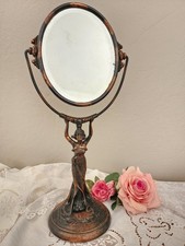 Antique Art Nouveau Copper Swivel Tabletop Beveled Vanity Mirror w/Elegant Lady picture