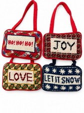Lot of 4 Vtg Christmas Needlepoint Door Hanger Pillows Joy Love Snow HoHo Wool picture