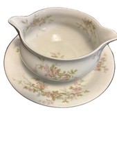 Theodore Haviland Limoges Pink Roses Gravy Boat With Attached Plate picture