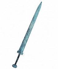 Ancient Chinese Bronze Sword Jian Han Style Engraved Lattice Green Patina Art picture