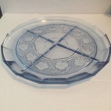 12” Clear Blue Glass Round 4 Part Relish Tray Dish Heavy Divided Floral Design picture