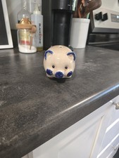 Vintage Blue Spongeware Ceramic Piggy Bank Country Farmhouse Floral Coin Bank picture