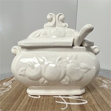 Vtg White Ceramic Mini Soup Tureen Gravy Boat w/ Lid Ladle Japan Embossed Fruit picture