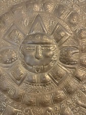 1970s Vintage Solid Brass Plate Aztec Mayan Sun Calendar Mexico Wall Art picture