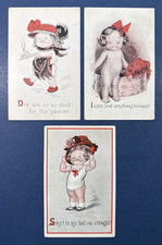SET 3 Children Greetings Antique Postcards. Young Girl, Hats, Smiling. NICE picture