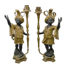 57 Inches Bronze Tall Pair Vintage Black Baroque Blackamoor Statues picture
