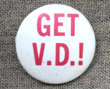Vintage 1970s GET V.D. Celluloid Pinback Button Adult Novelty Humorous Pin Badge picture
