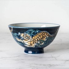 Mino ware Japanese Ceramics Rice Bowl Roaring Tiger Blue, Made In Japan picture