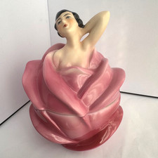 Vintage Germany Porcelain Lady Figurine Trinket Box Pink Rose Art Jewelry Box picture