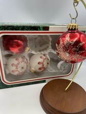 4 VTG Christmas Ornaments Blown Glass West Germany Glitter Embellished With Box picture