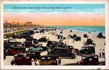 Daytona Beach FL Vintage Cars on Sand Ocean Pier Linen Postcard 1920s-30s picture