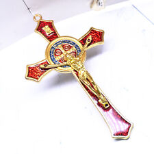 Vintage Metal Hand Hold Cross Crucifix Jesus Holy Religious Carved Christ Red picture