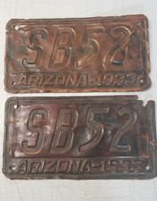 Pair of 1933 Arizona Copper License Plates SB52 Front and Back Rectangle 5688SB picture