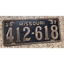 1937 Missouri License Plate 412-618 Vintage Black Embossed Steel Original picture