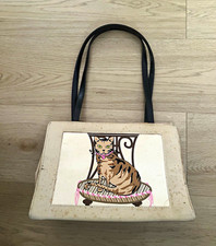 Vintage Cat Themed Cream Tote Handbag Purse Brown Shoulder Straps & Cat Graphic picture