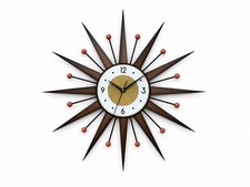 Retro Style Starburst Sunburst Wall Clock MCM Brown Orange Gold Silent Handmade picture