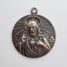 VTG Jesus Christ Sacred Heart Relief - Sterling Silver Religious Medal Pendant picture