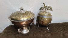 Vintage Handcrafted Heavy Brass Vessels Set 2-Piece Etched Floral Bowl & Apple picture