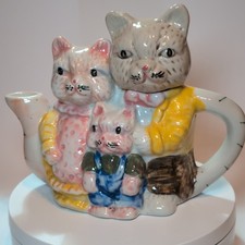 Vintage Kitsch Cat Family Teapot Retro Novelty Ceramic Dressed Cat Trio Teapot picture