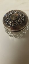 Antique STERLING REPOUSSE LID Small Crystal Dresser PowderJar Rouge Vanity11/2 picture