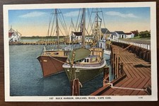 ORLEANS MA MASS~Fishing Boats At Dock in Rock Harbor~Unused Linen Postcard picture