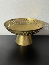 Vtg Brass Etched Pedestal Bowl FloraI Painted Red Design India ‘40s Exotic Decor picture