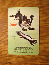 MID 1900'S VINTAGE PLAYING CARD SWAP COUPON BUTCH DOG CHASING A SKUNK picture