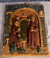 Unique Vintage   German  Wax  Art  Wall Plaque  Monks  Wine Tasting picture