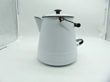 Vintage Enamel Ware Cowboy Coffee Pot Large White Campfire Pot Wood Handle picture