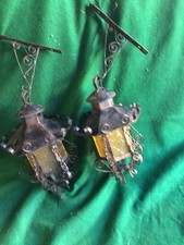 Vtg Spanish Revival Mexican Wrought Iron & Amber Glass Wall Hanging Sconce Light picture