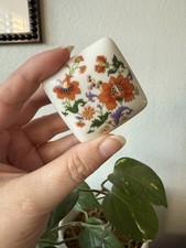 Vintage Limoges France White Orange Floral Square Trinket Box Hand-Painted 2” picture