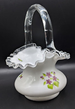 Fenton  Silver Crest Glass Basket  'Violets in the Snow'  Super Nice EXC Cond picture
