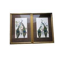 Vintage Peacock Feather Art Pair Gold Frame Wall Decor picture