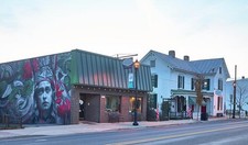 Downtown Strasburg, Virginia, including a building with an elaborate mural picture