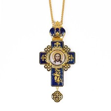 Gold Plated Blue Enamel Pectoral Cross Pendant with Jesus Icon & Multi Zirconia picture