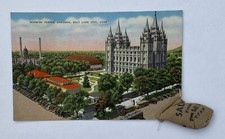Vintage Postcard Mormon Temple Grounds Salt Lake City Utah w/ Bag of Great Salt picture