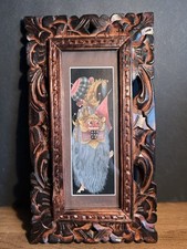 VTG 60’s BARONG PAINTING WOODEN CARVED FRAME BALINESE MYTHOLOGY 13x8 PROTECTOR picture