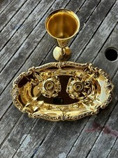 Vintage Lot Of German USA Pair Gold Plated Candle Holders Platter Chalice picture