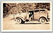 Original Vintage Antique Photo Car Man Suit Trees Picket Fence Road Trip Canada picture