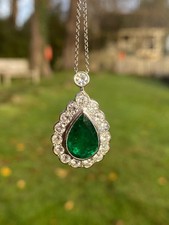 Vivid Green Emerald & Diamond Teardrop Pendant In 14k White Gold Plated 18'' picture