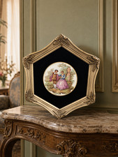 Vintage FRAGONARD Limoges Porcelain Courting Plaque Ornate Hexagonal Gold Frame picture