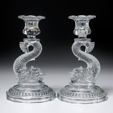 Vtg Pressed Glass Dolphin Octagonal Candlestick Candle Holder Pair 2pc Lot 8
