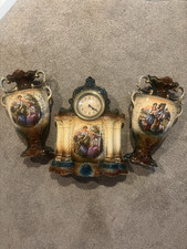 English Ceramic Mantel Clock Garniture Set 2 Matching Vases Pastoral Scenes 16” picture