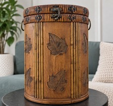 Vintage Bamboo Rattan Wood Storage Chest Brass Accents Woven Basket with Lid picture
